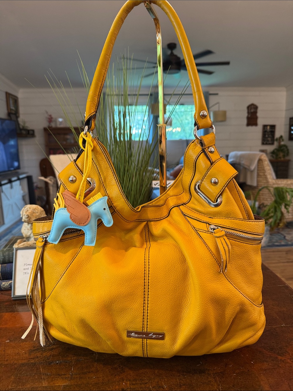 Etienne Aigner Mustard Yellow Pebbled Leather Hobo with Blue Charm